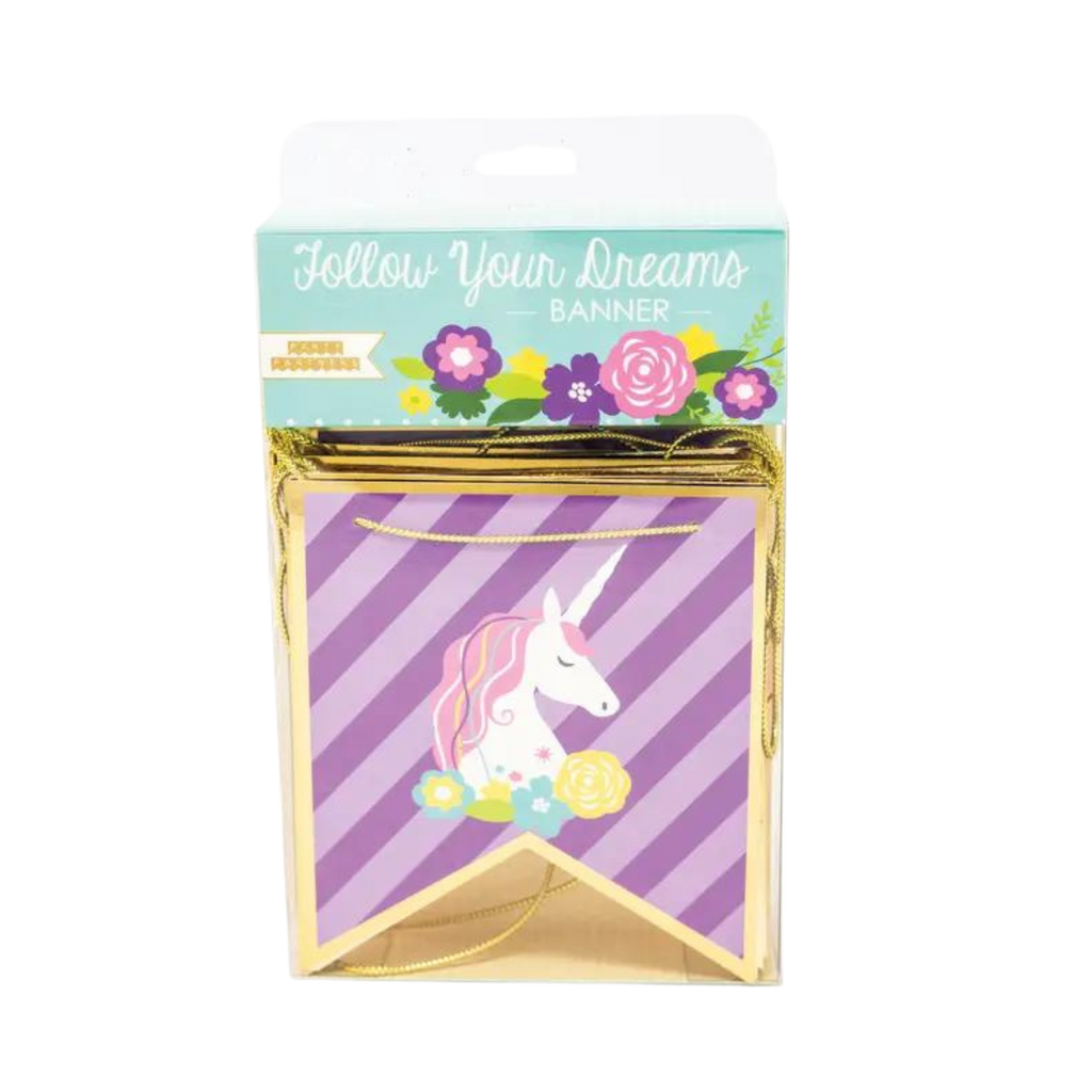Purple unicorn banner with gold trim unicorn and flowers theme from Parte Haus party supply store in Bethesda Maryland