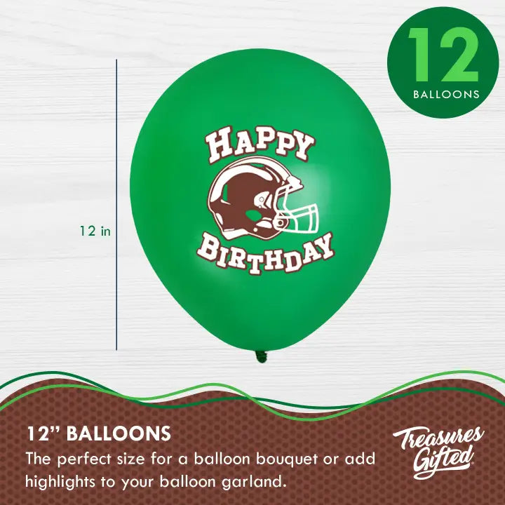 Green football birthday balloon with helmet and Happy Birthday text sports theme from Parte Haus party supply store in Bethesda Maryland