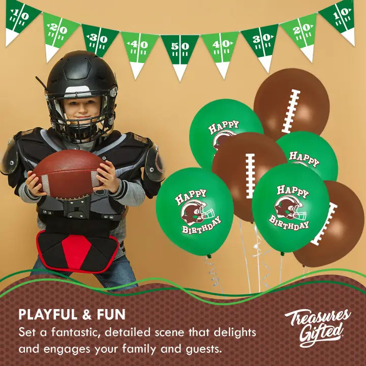 Green and brown football balloons and kid in helmet football birthday theme from Parte Haus party supply store in Bethesda MD
