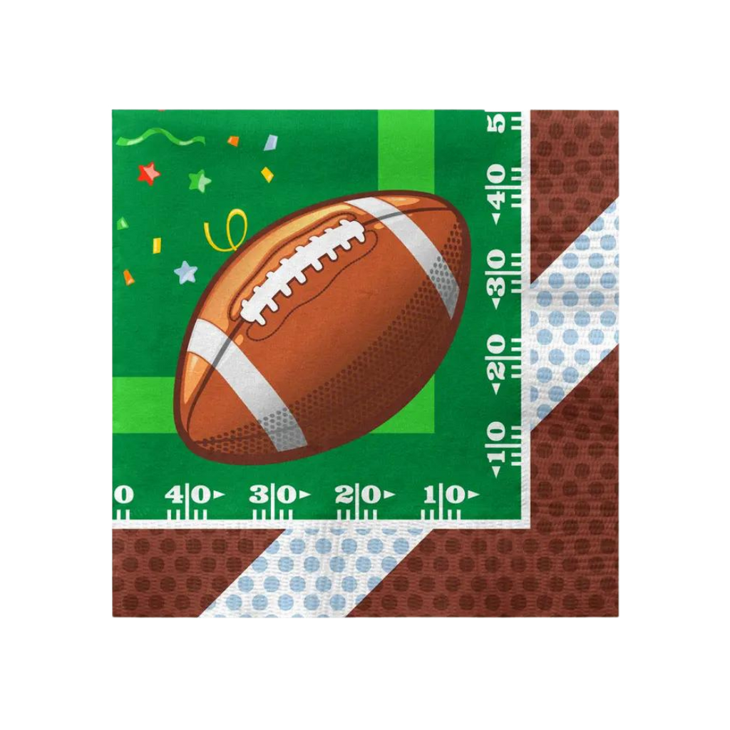 Green football napkin with field and confetti for birthday theme from Parte Haus party supply store in Bethesda Maryland