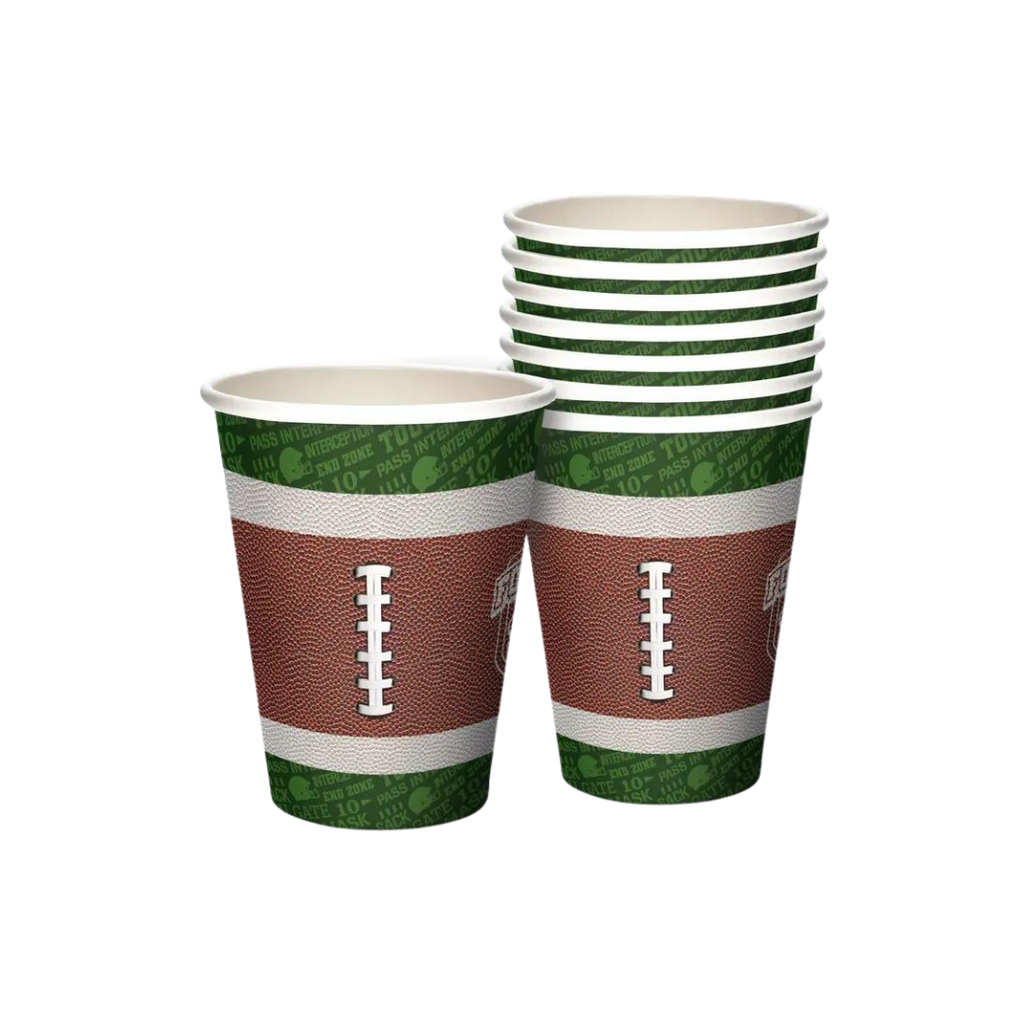 brown and green football paper cups with laces design for sports birthday from Parte Haus party supply store in Bethesda MD