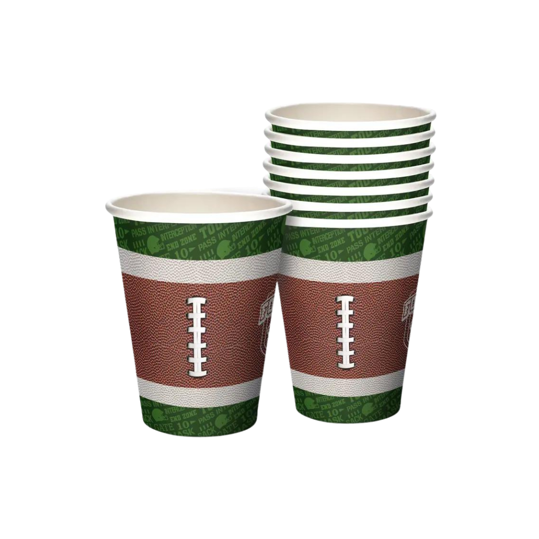 brown and green football paper cups with laces design for sports birthday from Parte Haus party supply store in Bethesda MD