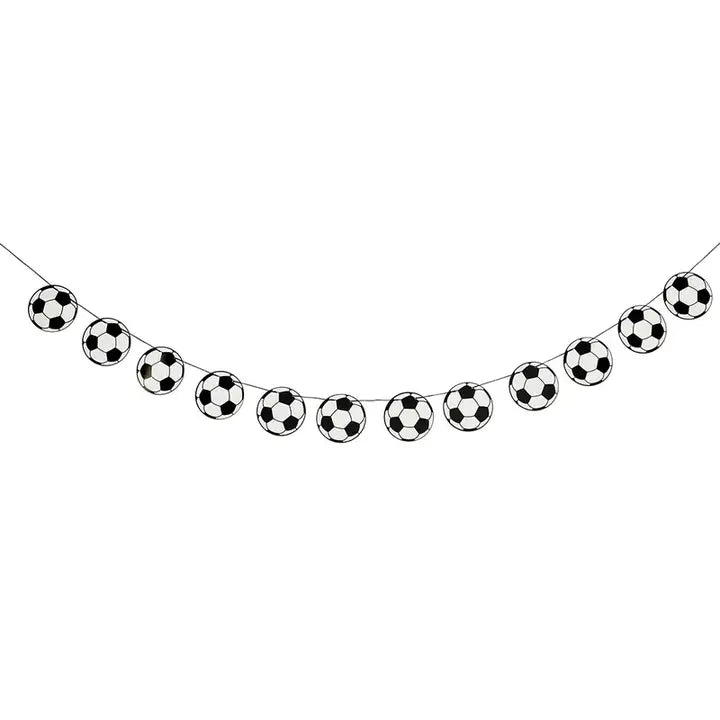 Black and white soccer football garland banner for sports birthday from Parte Haus party supply store in Bethesda Maryland