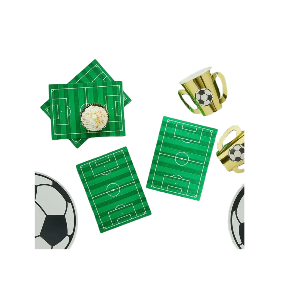 Green football pitch paper napkins with field design for sports birthday from Parte Haus party supply store in Bethesda Maryland