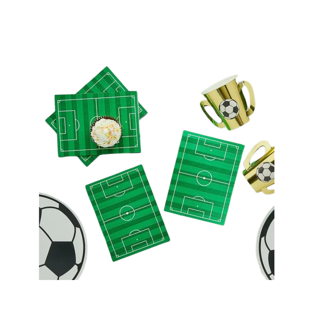 Green football pitch paper napkins with field design for sports birthday from Parte Haus party supply store in Bethesda Maryland