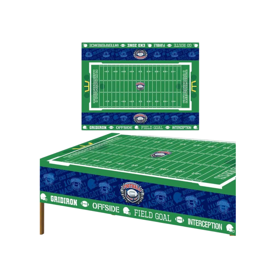 Green football field tablecloth with white lines and blue border for sports birthday from Parte Haus party supply store in Bethesda Maryland