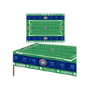 Green football field tablecloth with white lines and blue border for sports birthday from Parte Haus party supply store in Bethesda Maryland