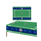 Green football field tablecloth with white lines and blue border for sports birthday from Parte Haus party supply store in Bethesda Maryland