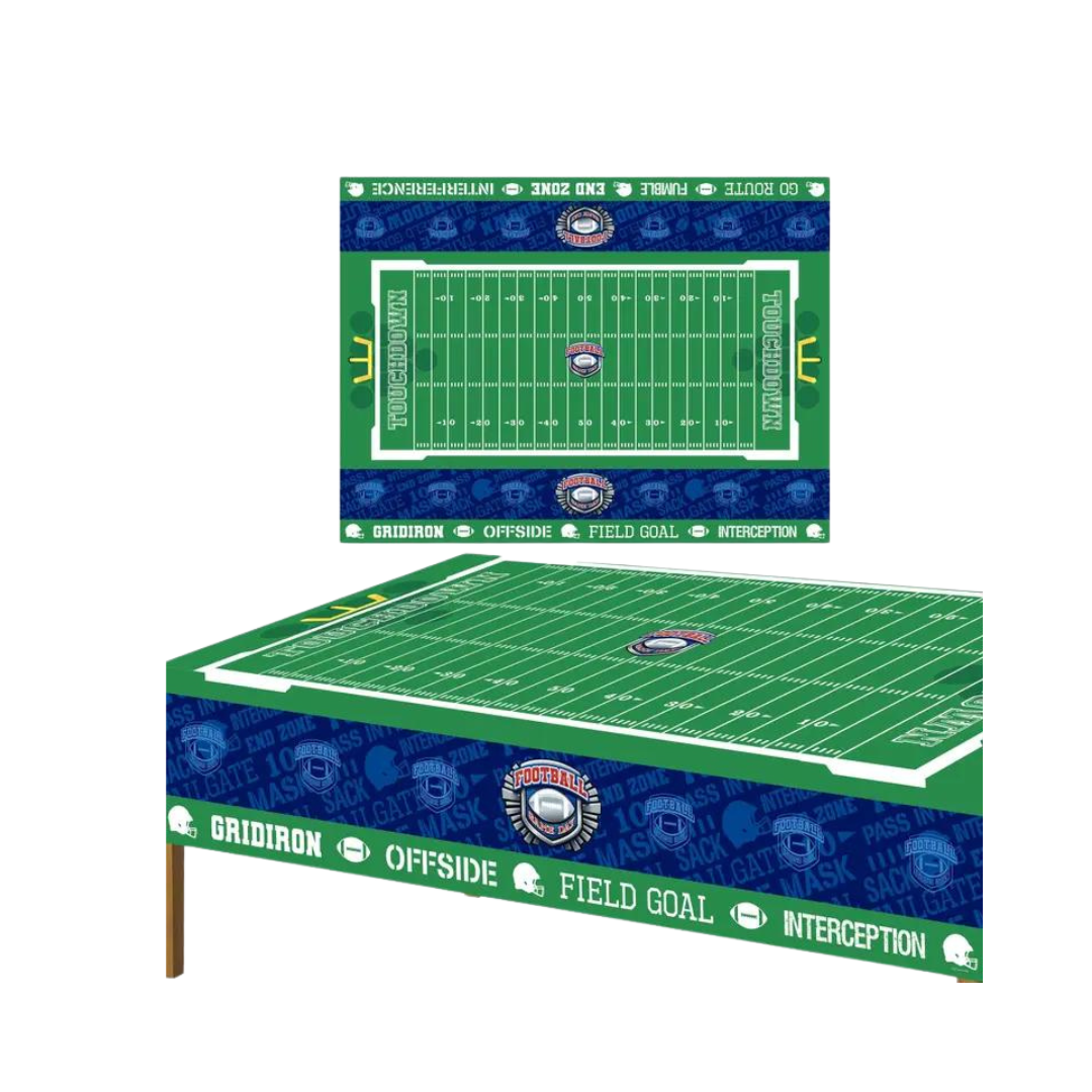 Green football field tablecloth with white lines and blue border for sports birthday from Parte Haus party supply store in Bethesda Maryland