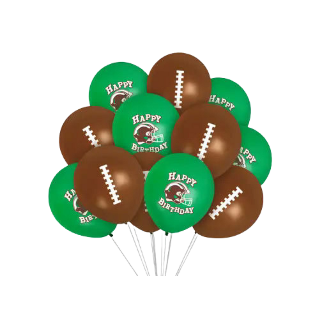 Green and brown football themed balloons with happy birthday prints for sports birthday from Parte Haus party supply store in Bethesda Maryland