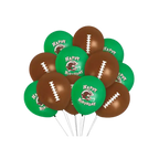 Green and brown football themed balloons with happy birthday prints for sports birthday from Parte Haus party supply store in Bethesda Maryland