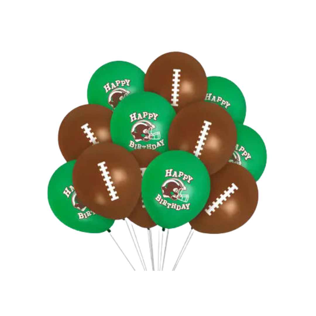 Green and brown football themed balloons with happy birthday prints for sports birthday from Parte Haus party supply store in Bethesda Maryland