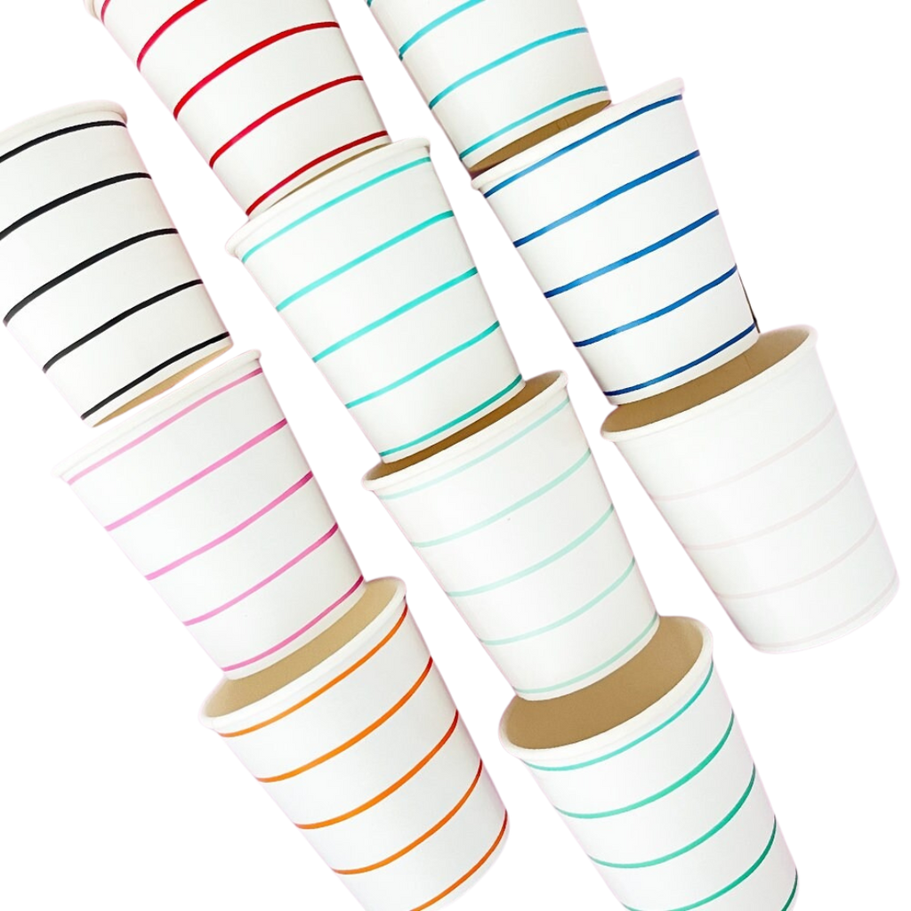 Colorful striped paper cups for birthdays from Parte Haus party supply store in Bethesda Maryland