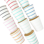 Colorful striped paper cups for birthdays from Parte Haus party supply store in Bethesda Maryland