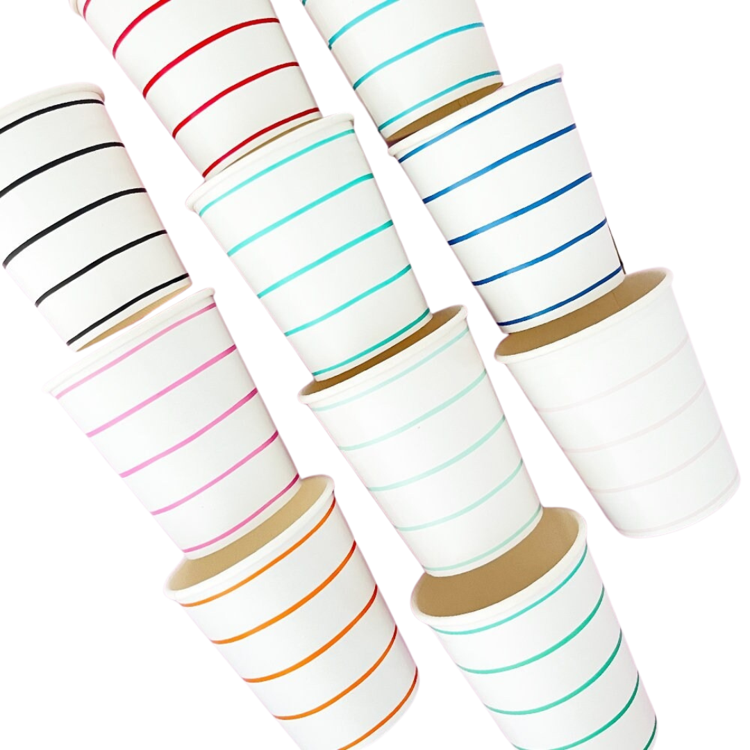 Colorful striped paper cups for birthdays from Parte Haus party supply store in Bethesda Maryland