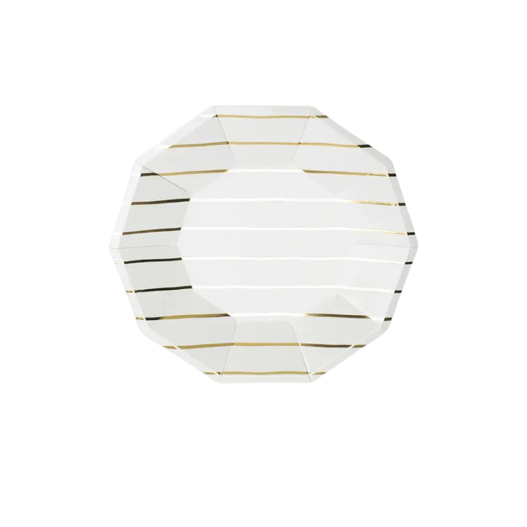 Gold striped paper plate white octagon elegant tableware for celebrations from Parte Haus party supply store in Bethesda Maryland