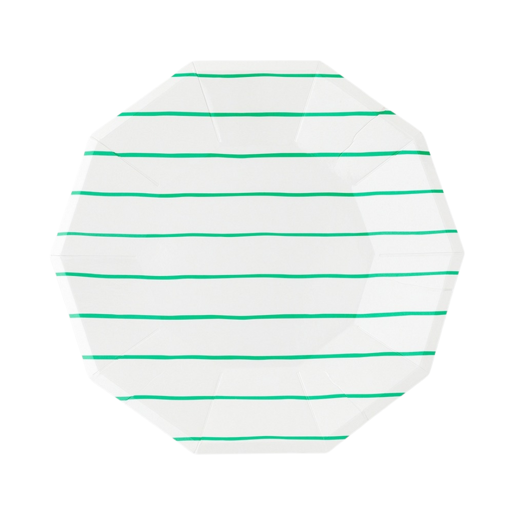 Green and white striped large dinner plate with modern octagon shape for any occasion from Parte Haus party supply store in Bethesda Maryland