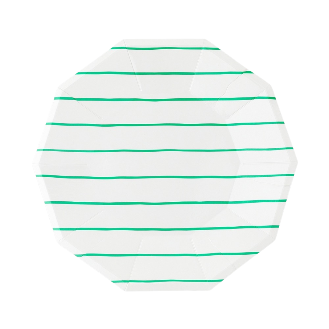 Green and white striped large dinner plate with modern octagon shape for any occasion from Parte Haus party supply store in Bethesda Maryland