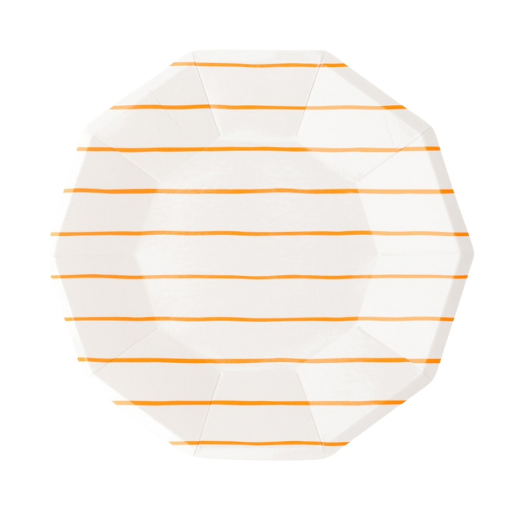 orange and white striped large dinner plate for birthdays from Parte Haus party supply store in Bethesda MD