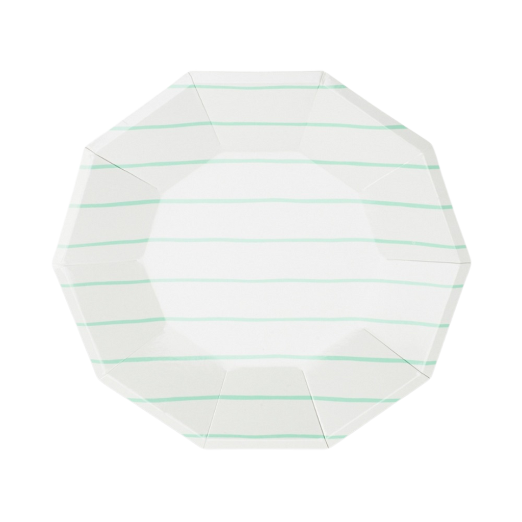 Green and white striped large dinner plate with modern geometric shape birthday from Parte Haus party supply store in Bethesda, Maryland