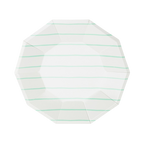Green and white striped large dinner plate with modern geometric shape birthday from Parte Haus party supply store in Bethesda, Maryland