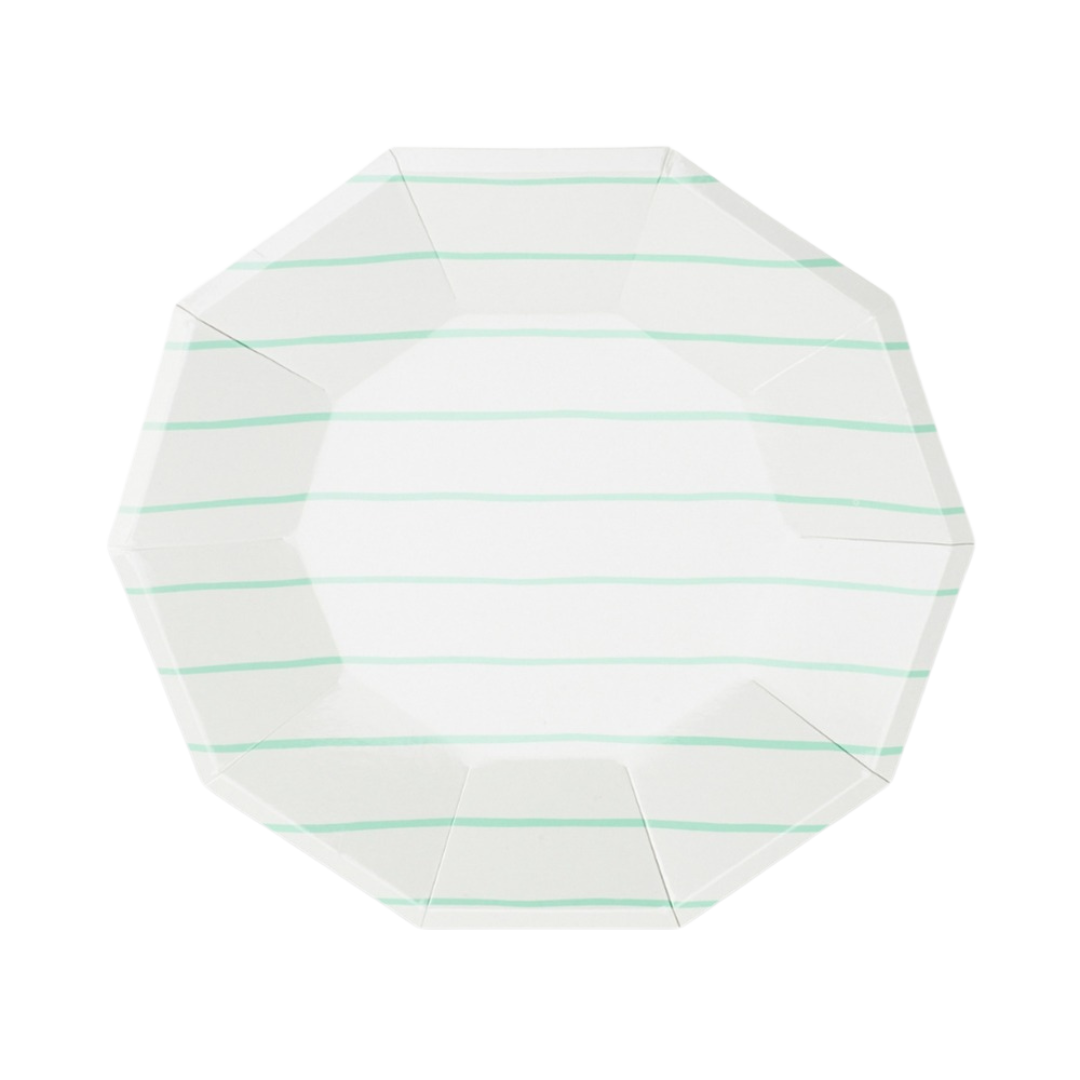 Green and white striped large dinner plate with modern geometric shape birthday from Parte Haus party supply store in Bethesda, Maryland