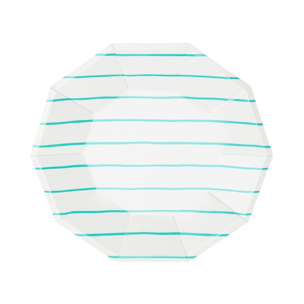 Aqua striped large dinner plate with modern lines for celebrations from Parte Haus party supply store in Bethesda Maryland