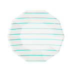 Aqua striped large dinner plate with modern lines for celebrations from Parte Haus party supply store in Bethesda Maryland