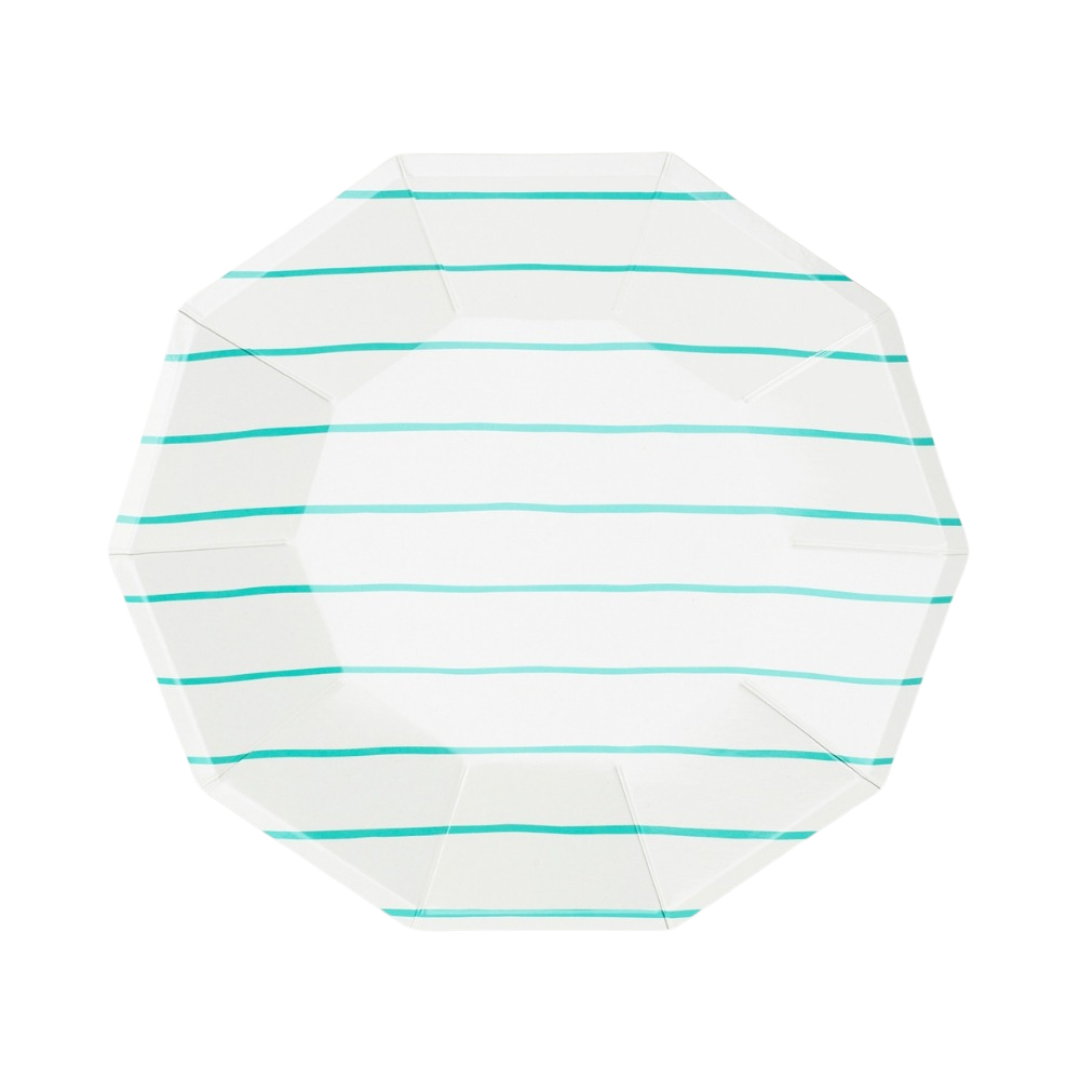 Aqua striped large dinner plate with modern lines for celebrations from Parte Haus party supply store in Bethesda Maryland