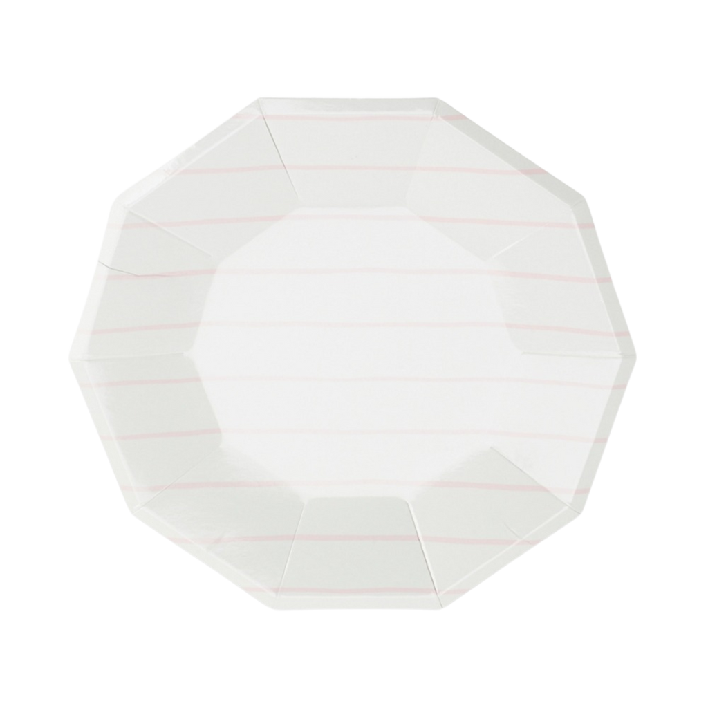 White and pink striped large paper dinner plate with octagon edges for any celebration from Parte Haus party supply store in Bethesda Maryland