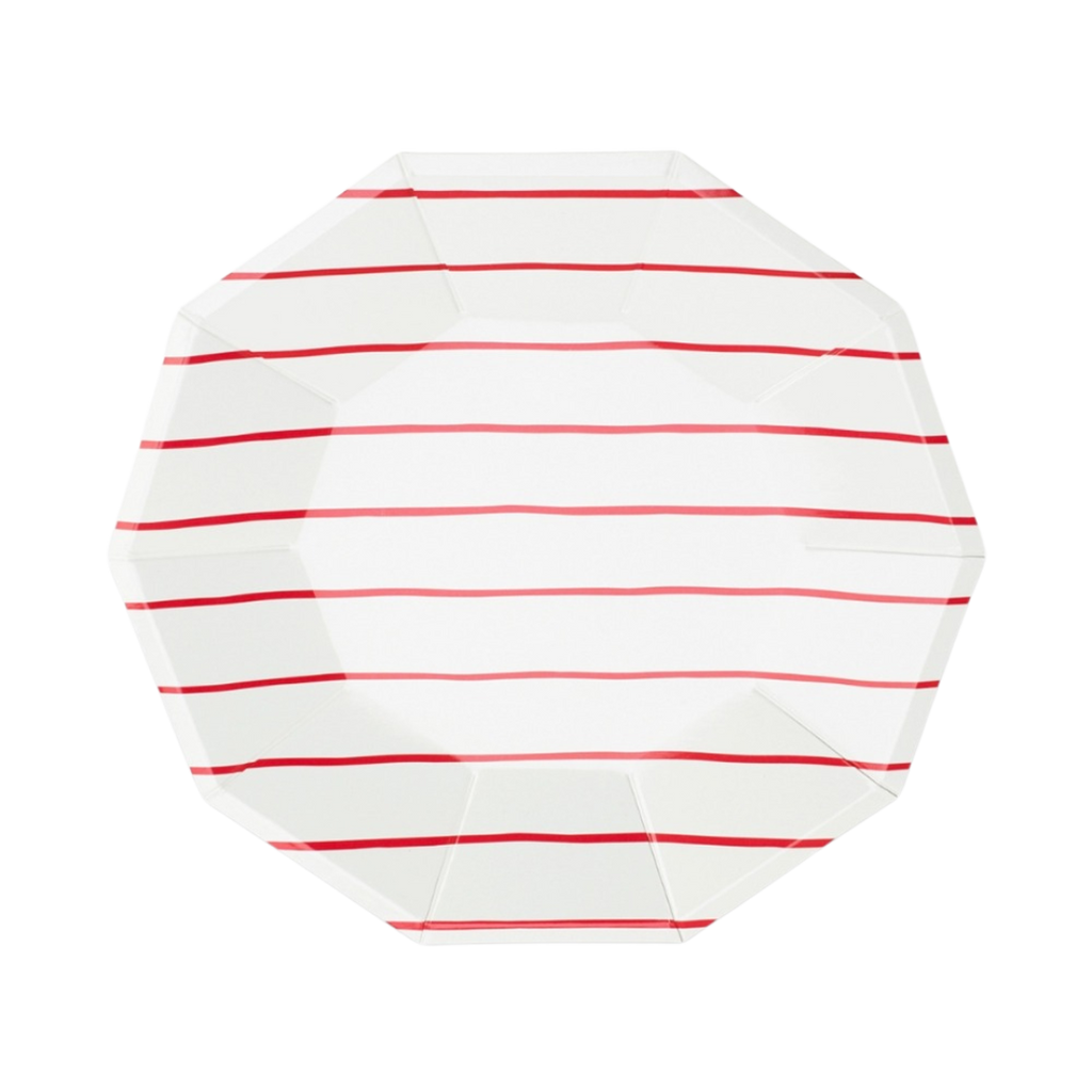 Red and white striped dinner plate with modern octagon shape for birthday from Parte Haus party supply store in Bethesda MD
