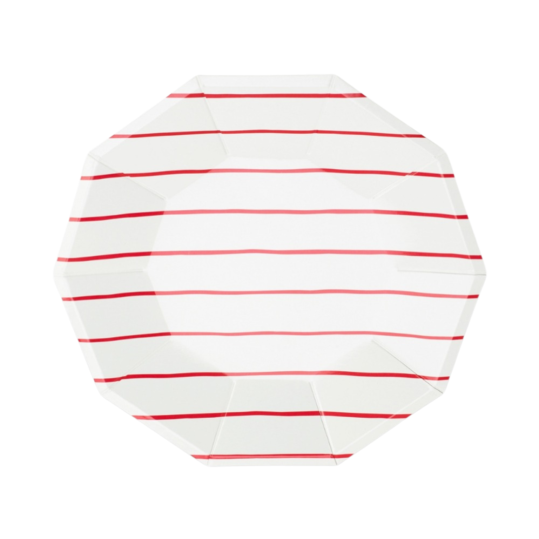 Red and white striped dinner plate with modern octagon shape for birthday from Parte Haus party supply store in Bethesda MD
