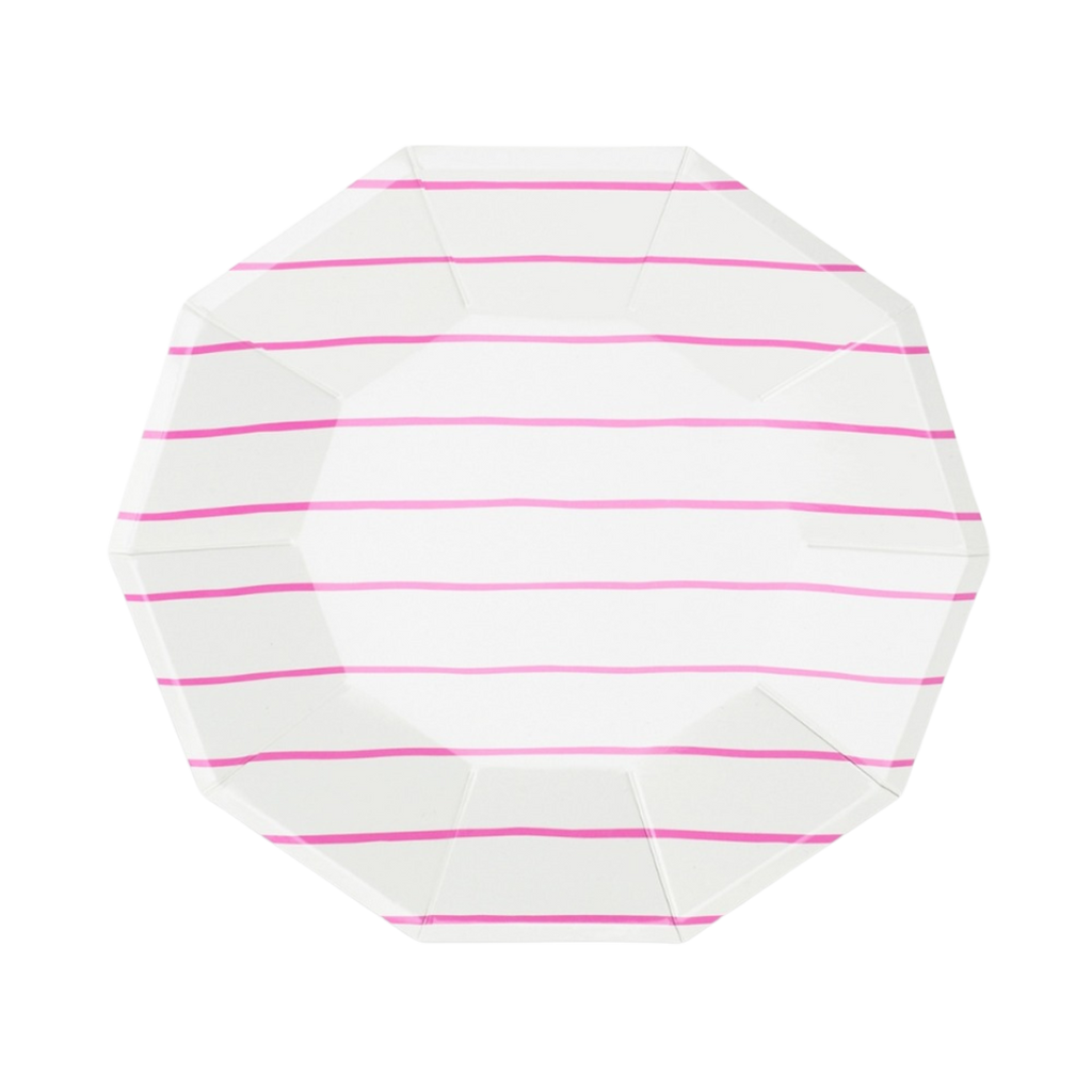 Pink striped paper dinner plate for birthday from Parte Haus party supply store in Bethesda Maryland