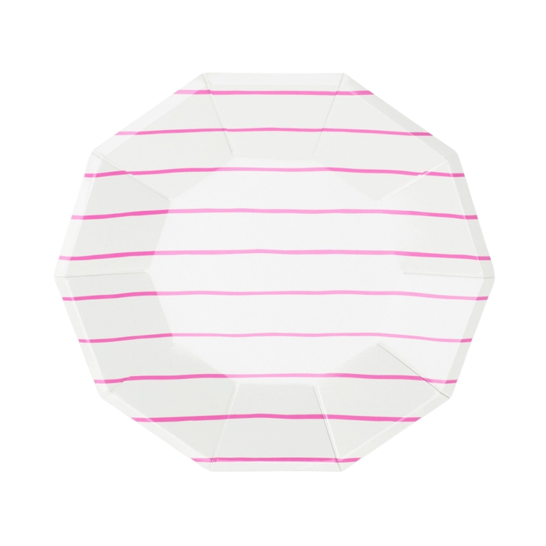 Pink striped paper dinner plate for birthday from Parte Haus party supply store in Bethesda Maryland
