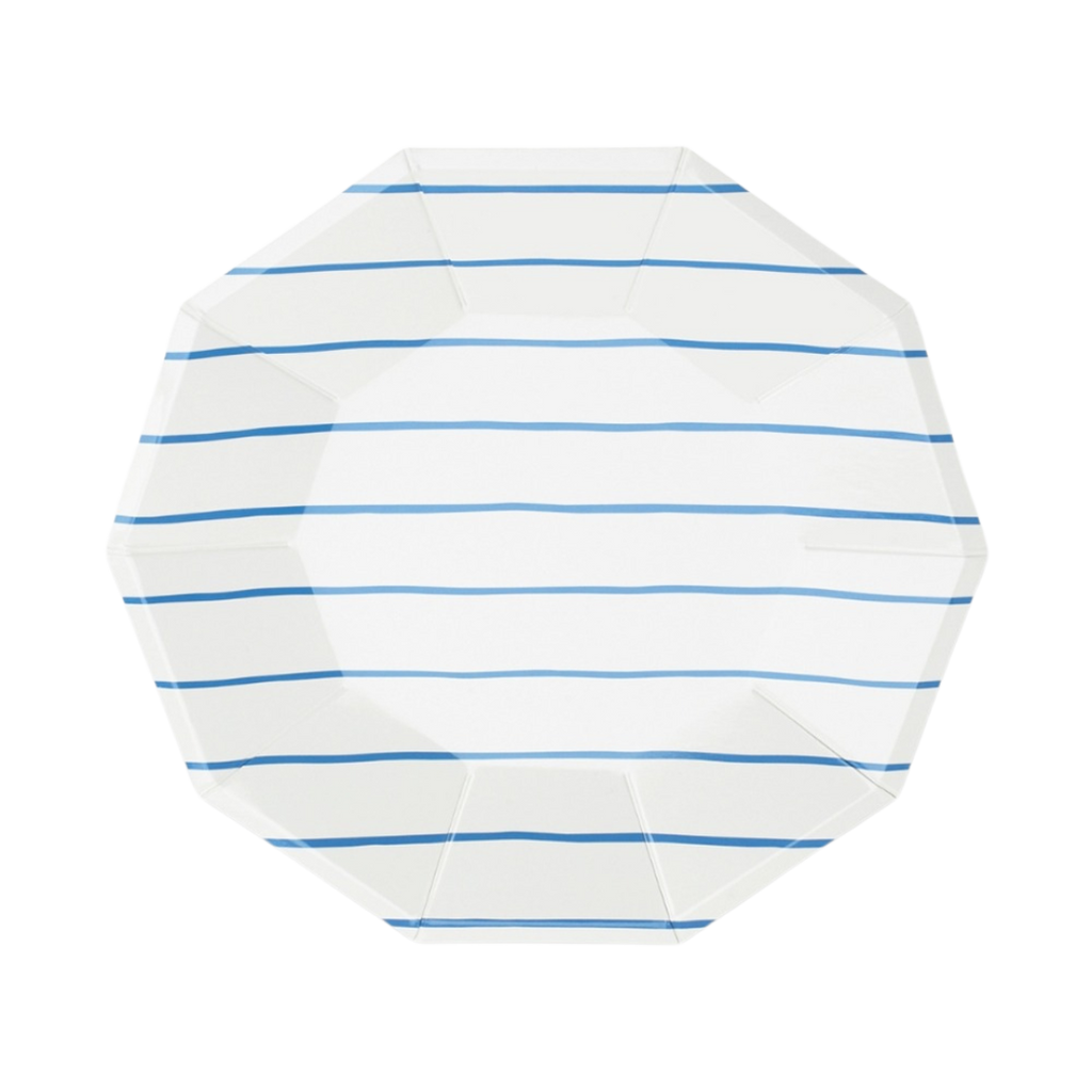 Blue and white striped dinner plate with modern design for birthday from Parte Haus party supply store in Bethesda MD.