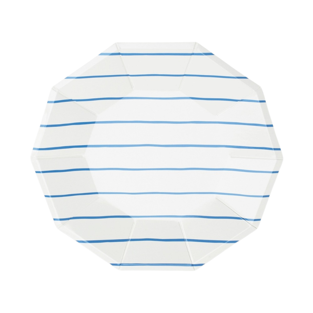 Blue and white striped dinner plate with modern design for birthday from Parte Haus party supply store in Bethesda MD.