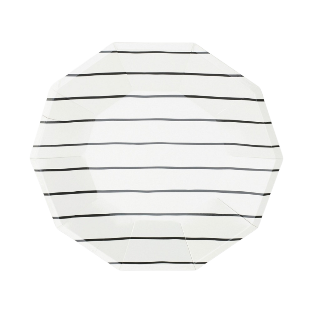 White striped dinner plate with modern black lines for any celebration from Parte Haus party supply store in Bethesda MD.