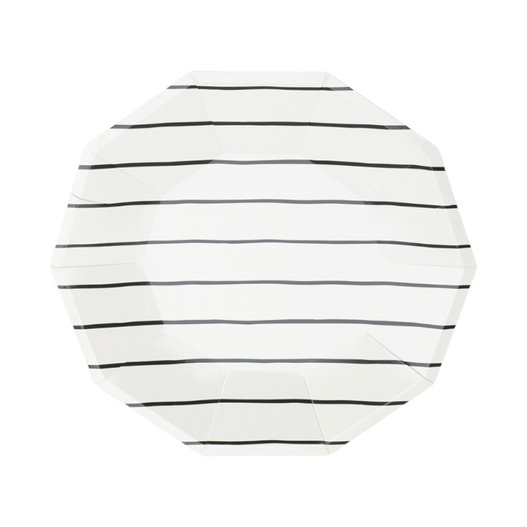 White striped dinner plate with modern black lines for any celebration from Parte Haus party supply store in Bethesda MD.