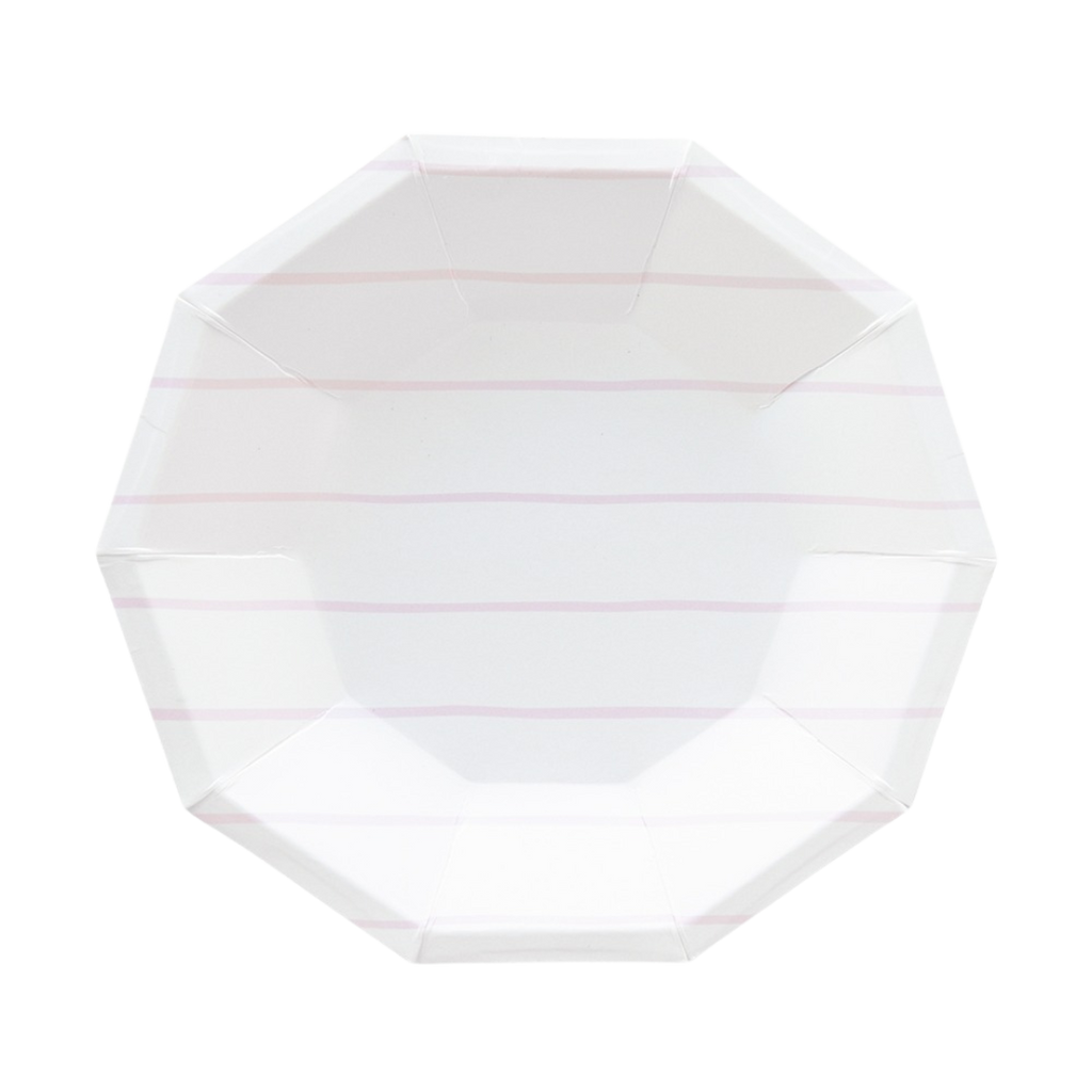 Pink and white striped large dinner plate with octagonal shape for birthdays from Parte Haus party supply store in Bethesda MD