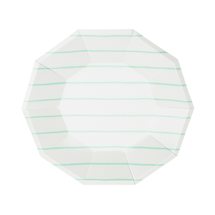 White and Green Frenchie Striped Small Dessert Plates