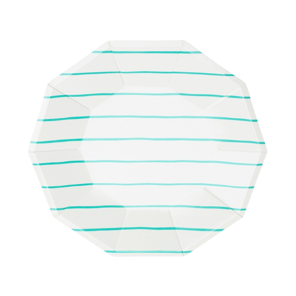 White and teal striped small dinner plate with modern design birthday theme from Parte Haus party supply store in Bethesda Maryland