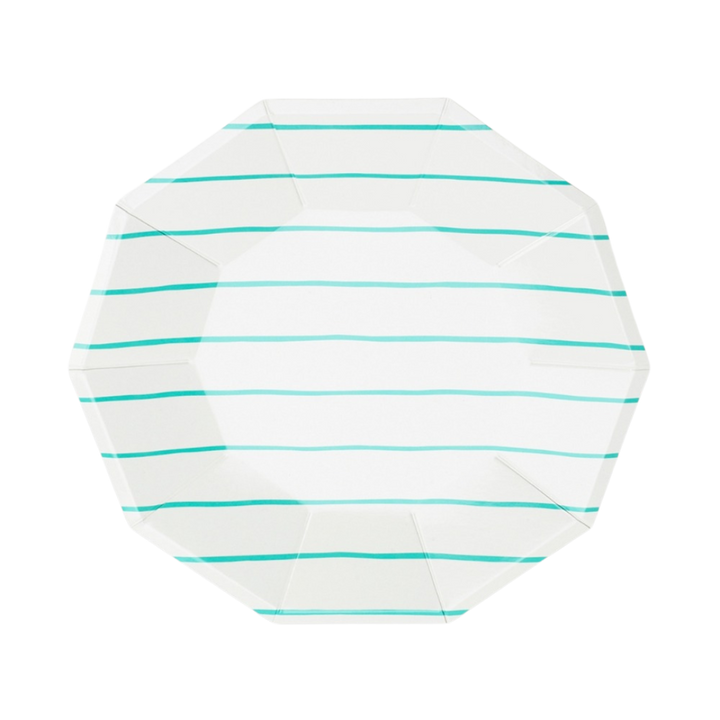 White and Green Frenchie Striped Small Dessert Plates