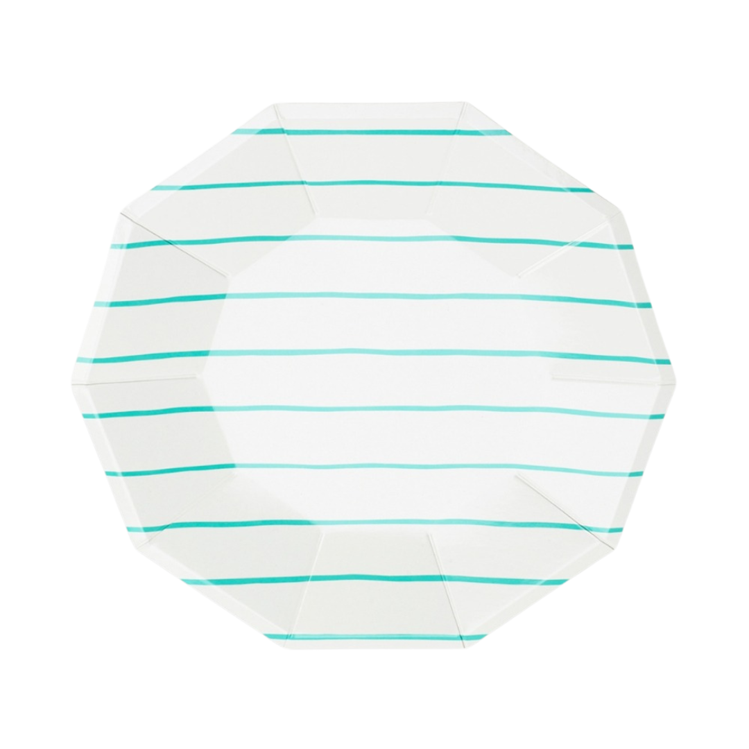 Teal striped small dinner plate with octagon shape for birthday from Parte Haus party supply store in Bethesda MD