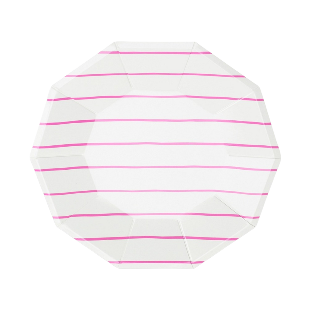 Pink striped octagon small dinner plate for birthday or celebration from Parte Haus party supply store in Bethesda MD