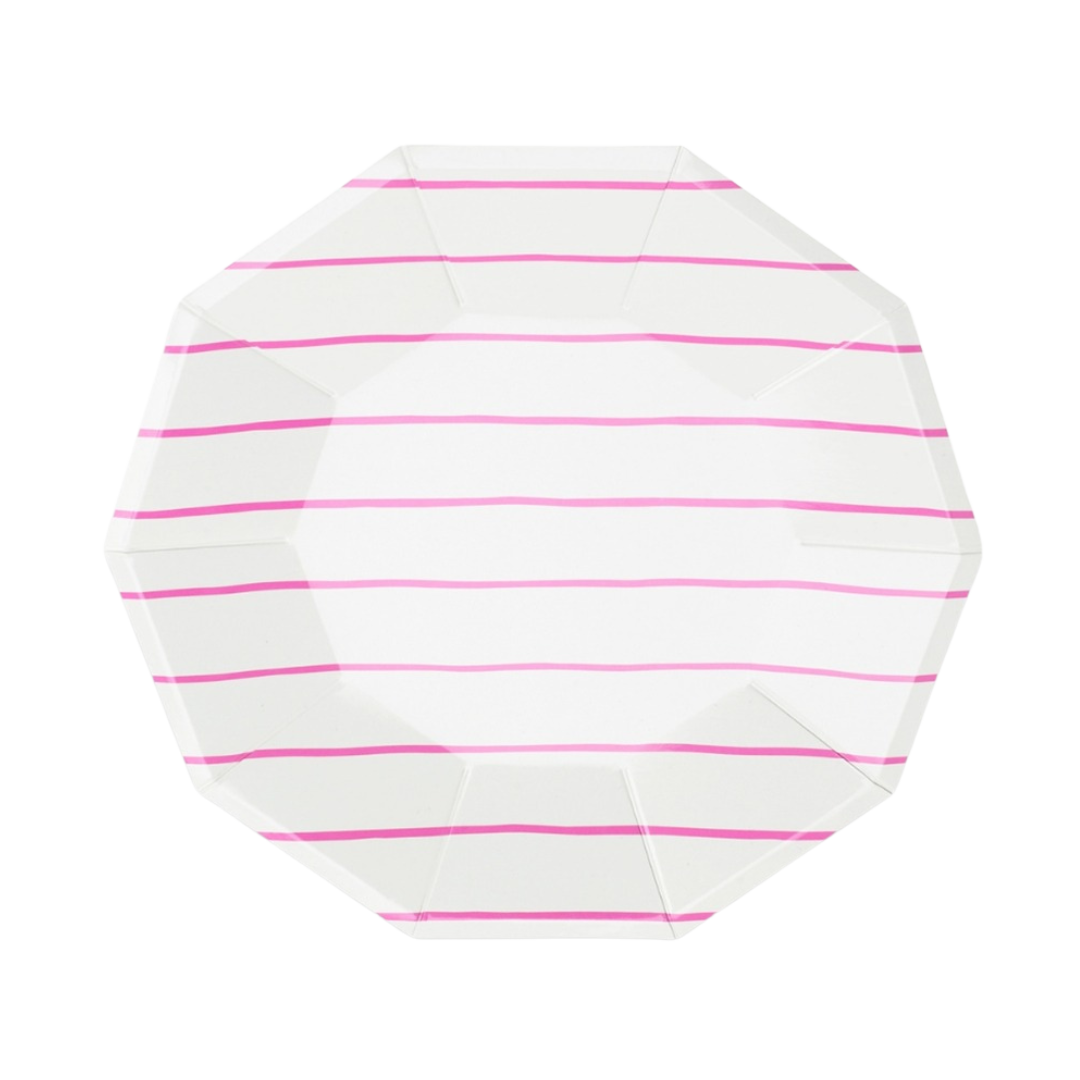 Pink striped octagon small dinner plate for birthday or celebration from Parte Haus party supply store in Bethesda MD