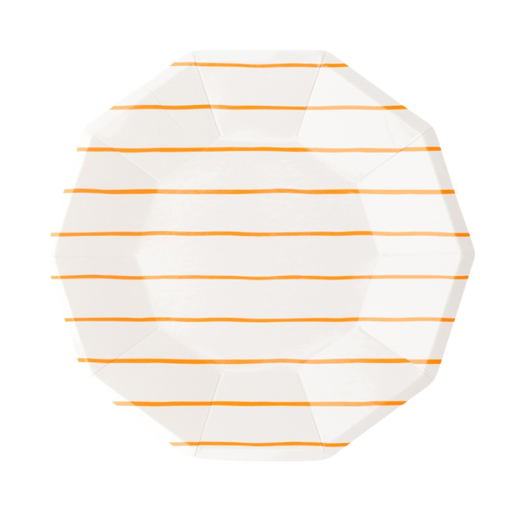 Orange striped small dinner plate white with octagonal shape for birthday from Parte Haus party supply store in Bethesda MD