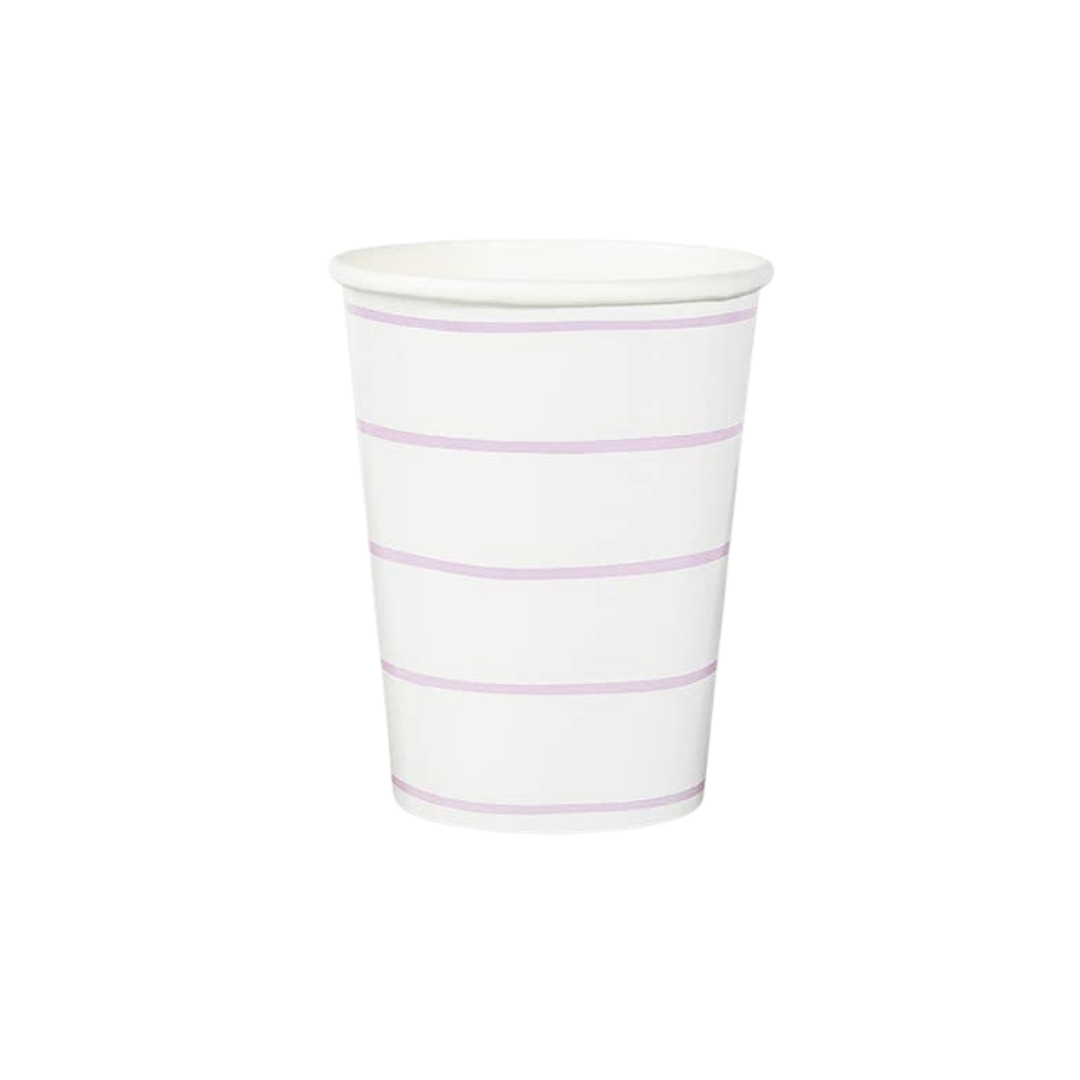 Lilac striped paper cup with purple stripes for birthday from Parte Haus party supply store in Bethesda Maryland