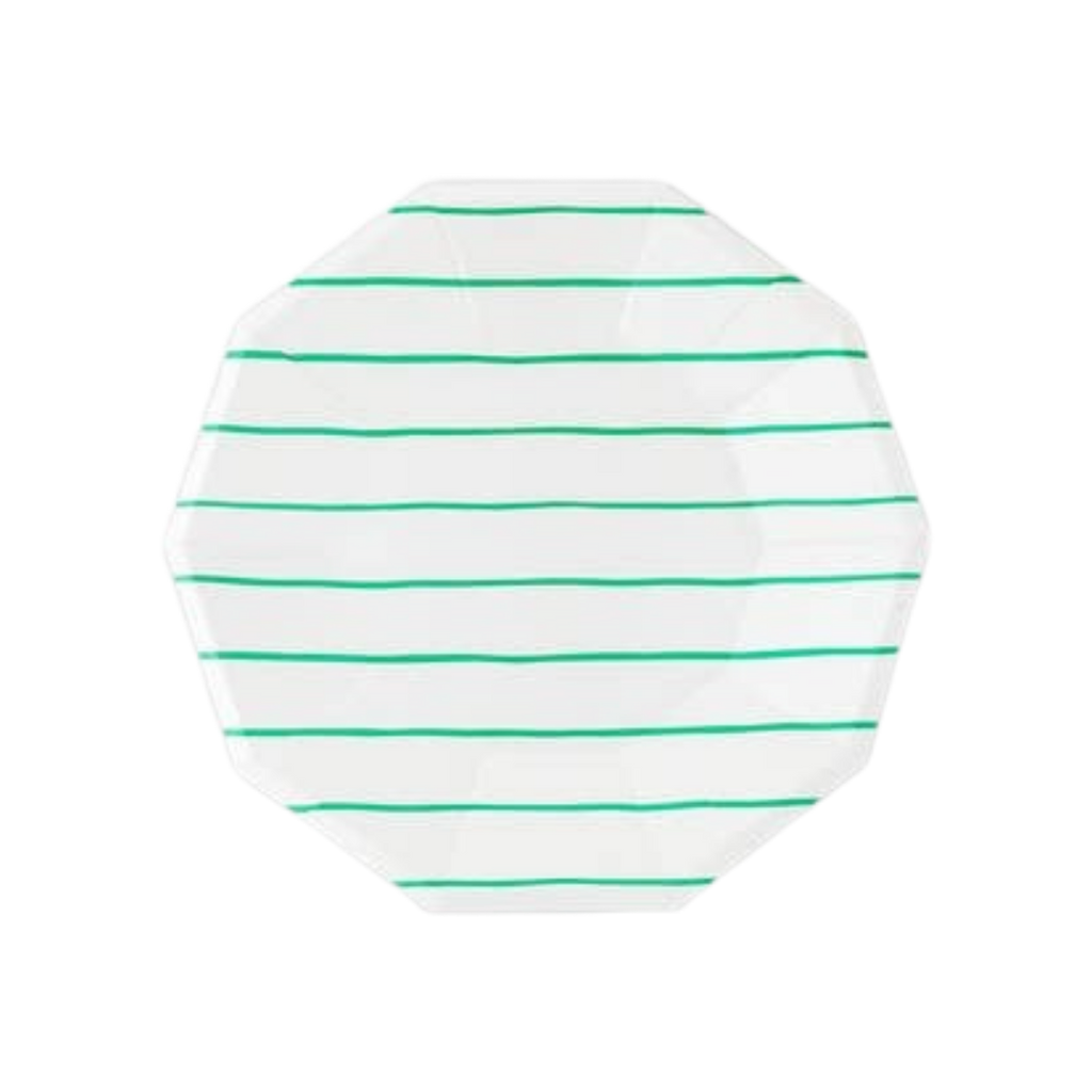 Clover green striped large plate with octagonal shape for celebrations from Parte Haus party supply store in Bethesda Maryland