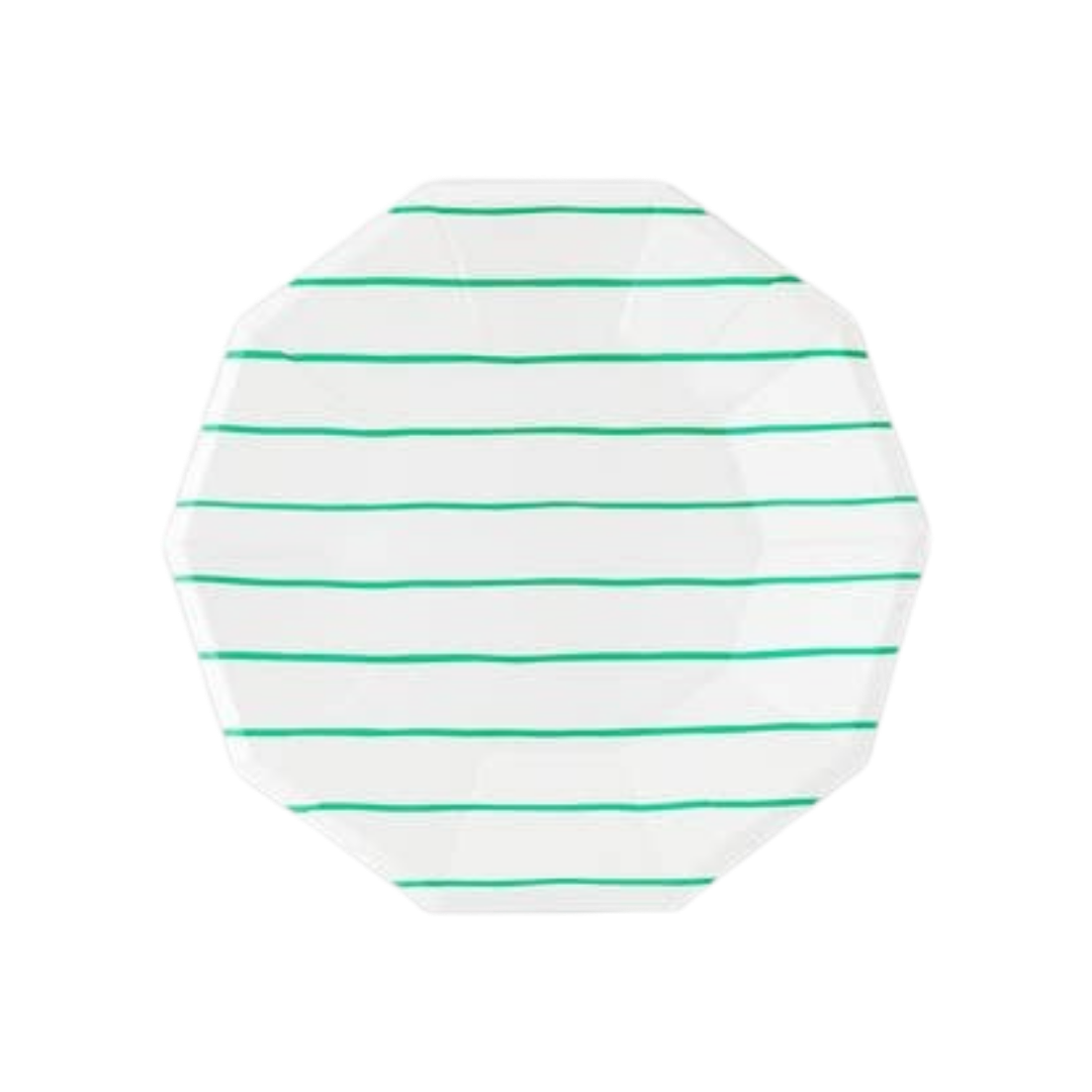 White and Green Frenchie Striped Large Dinner Plates