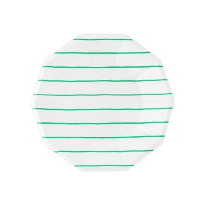 White and Green Frenchie Striped Large Dinner Plates